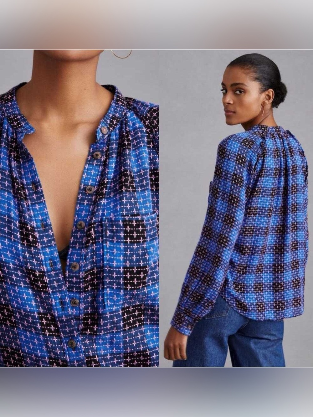 Pilcro Plaid Embroidered Stitch Long Sleeve Button Up Size L